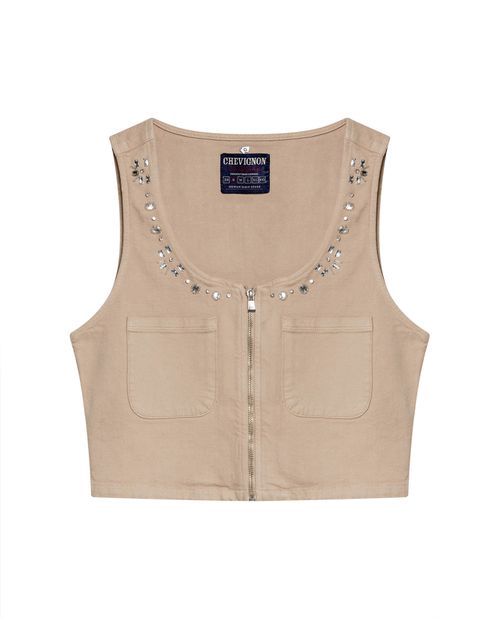 Camisa de Mujer Tank Slim Fit con Piedras Brillantes Lavado Crudo en Mezcla de Algodón