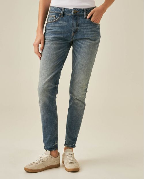 Jean de Mujer Skinny Fit Tiro Alto con Efecto Desgaste Lavado Medio en Mezcla de Algodón