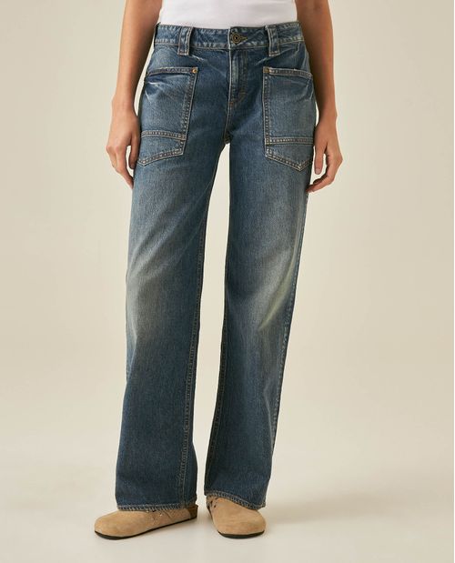 Jean de Mujer Straight Fit Tiro Bajo con Efecto Desgaste Lavado Oscuro en Mezcla de Algodón