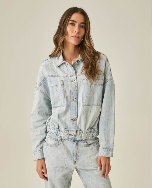 Chaqueta de Mujer Trucker Tipo Bomber Efecto Destroy Lavado Claro en Algodón