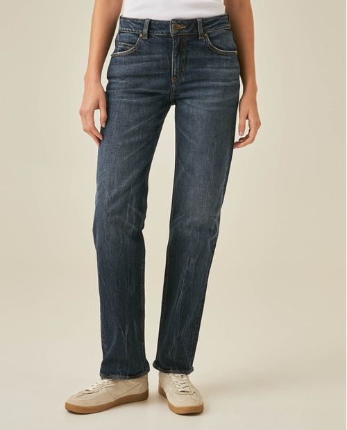 Jean de Mujer Straight Fit Tiro Alto con Bordado Logo Cursivo Lavado Oscuro en Mezcla de Algodón