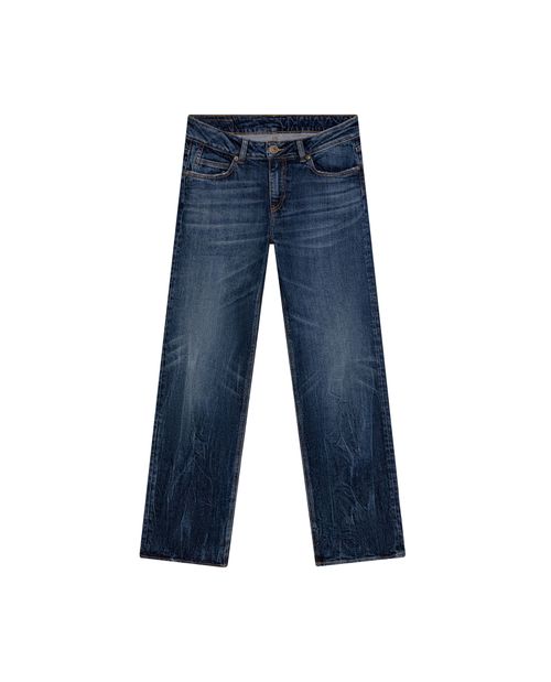 Jean de Mujer Straight Fit Tiro Alto con Bordado Logo Cursivo Lavado Oscuro en Mezcla de Algodón