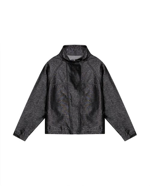 Chaqueta de Mujer Cuello Alto Silueta Militar con Brillo Lavado Negro en Mezcla de Algodón Madres