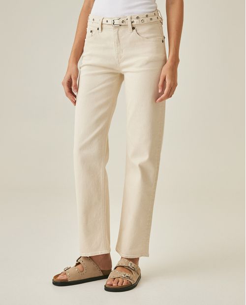 Jean de Mujer Straight Fit Tiro Alto con Cinturón Lavado Crudo Marfil en Mezcla de Algodón