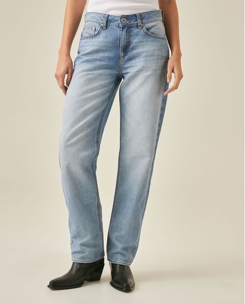 Jean de Mujer Straight Fit Tiro Super Alto con Lurex y Brillo Lavado Claro en Mezcla de Algodón