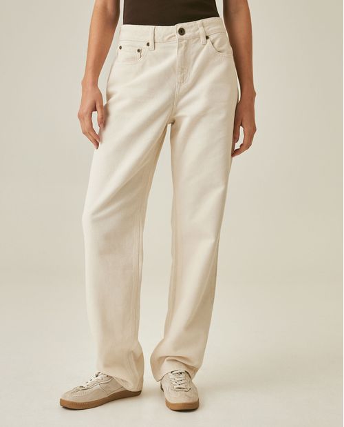 Jean de Mujer Straight Fit Tiro Alto Textura Espina de Pescado Lavado Crudo Marfil en Mezcla de Algodón y Lyocell