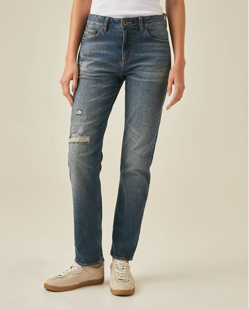 Jean de Mujer New Skinny Fit Tiro Alto con Rotos Lavado Medio en Mezcla de Algodón y Tencel