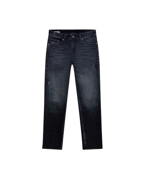 Jean de Mujer Skinny Fit Tiro Medio con Tallones Efecto Destroyer Lavado Oscuro en Mezcla de Algodón