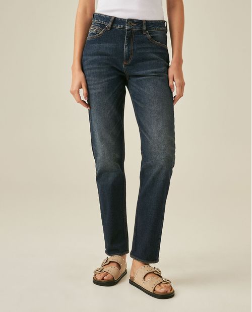 Jean de Mujer Straight Fit Tiro Alto con Efecto Desgaste Lavado Oscuro en Mezcla de Algodón