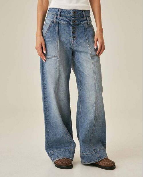 Jean de Mujer Special Fit Wide Leg Tiro Alto Doble Pretina con Bolsillos Cargo Planos Lavado Oscuro en Mezcla de Algodón