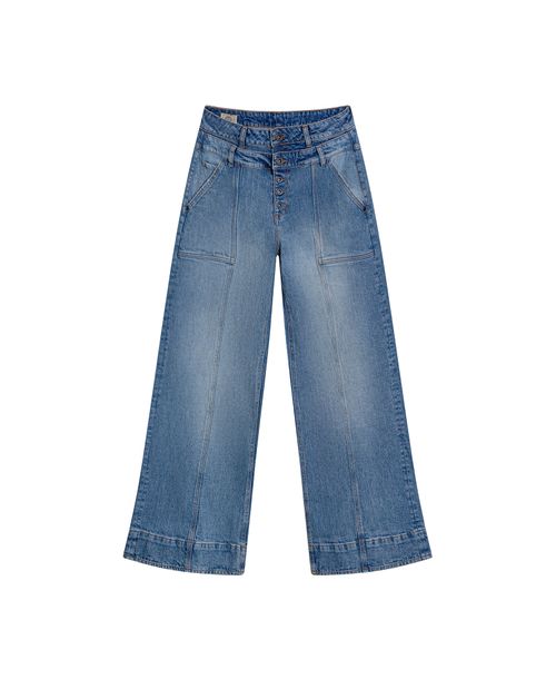 Jean de Mujer Special Fit Wide Leg Tiro Alto Doble Pretina con Bolsillos Cargo Planos Lavado Oscuro en Mezcla de Algodón