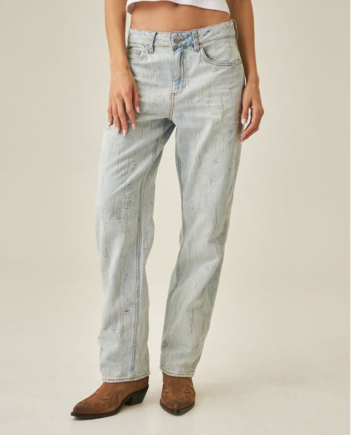 Jean de Mujer Straight Fit Tiro Super Alto Efecto Destroy Lavado Claro en Algodón