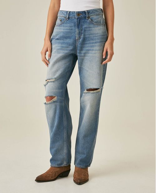 Jean de Mujer Boy Fit Tiro Medio con Rotos Lavado Medio en Mezcla de Algodón y Lyocell