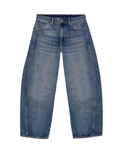 Jean de Mujer Special Fit Barrel Crop Tiro Super Alto con Bigotes Visibles Lavado Medio en Mezcla de Lyocell y Algodón