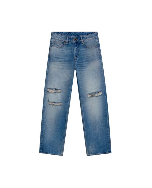 Jean de Mujer Boy Fit Tiro Medio con Rotos Lavado Medio en Mezcla de Algodón y Lyocell
