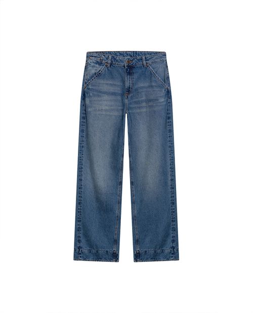 Jean de Mujer Straight Fit Ancho Tiro Super Alto Efecto Destroyer Lavado Medio en 100% Algodón