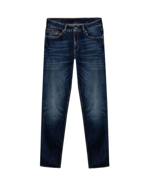 Jean de Mujer Straight Fit Tiro Alto con Efecto Desgaste Lavado Oscuro en Mezcla de Algodón