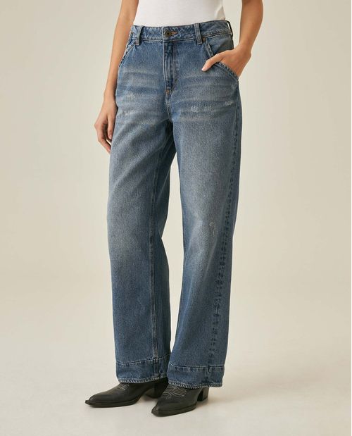 Jean de Mujer Straight Fit Ancho Tiro Super Alto Efecto Destroyer Lavado Medio en 100% Algodón