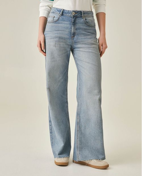 Jean de Mujer Wide Leg Tiro Alto con Efecto Empolvado Lavado Claro en Mezcla de Algodón y Tencel