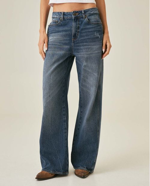 Jean de Mujer Special Fit Wide Leg Bota Relaxed Tiro Super Alto Efecto Destroyer Leve Lavado Oscuro en 100% Algodón