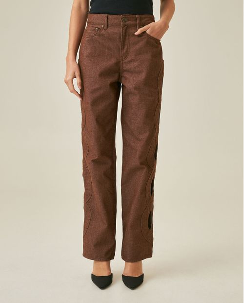 Jean de Mujer Special Fit Straight Tiro Super Alto Cortes Ovalados Malla Lavado Café en Mezcla con Lurex Madres