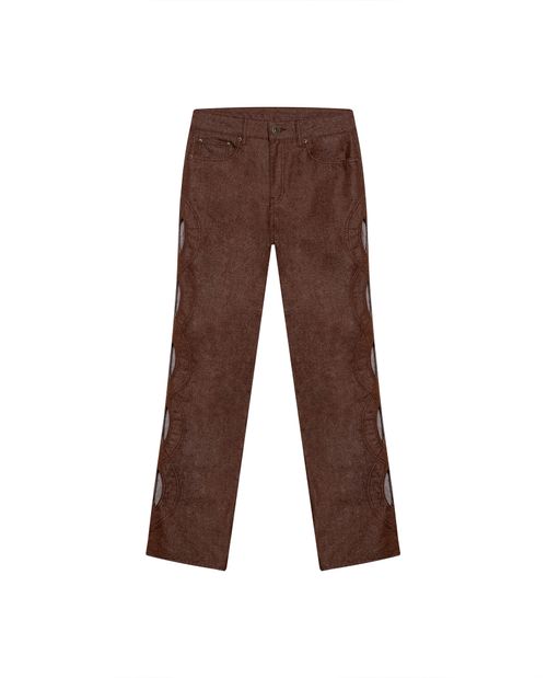 Jean de Mujer Special Fit Straight Tiro Super Alto Cortes Ovalados Malla Lavado Café en Mezcla con Lurex Madres