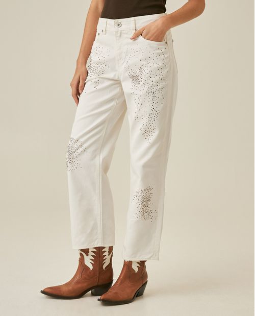 Jean de Mujer Straight Crop Fit Tiro Alto Piedras con Brillo Color Denim en Algodón Madres