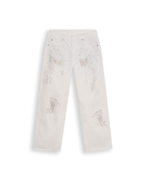 Jean de Mujer Straight Crop Fit Tiro Alto Piedras con Brillo Color Denim en Algodón Madres