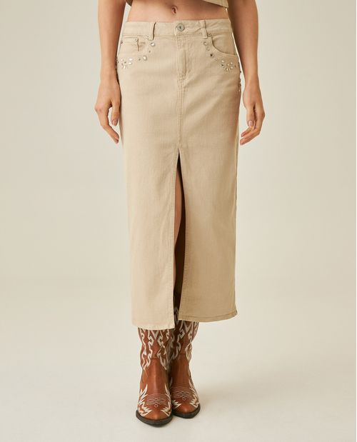 Falda de Mujer Midi Denim con Piedras Decorativas en Mezcla de Algodón