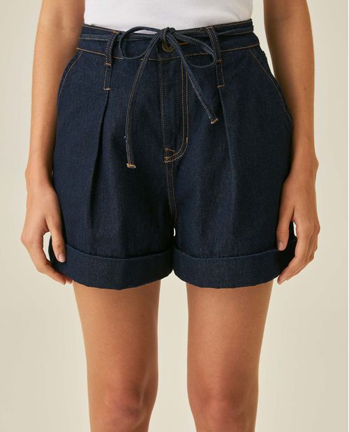 Short de Mujer Silueta Tipo A Tiro Alto con Prenses Lavado Ultra Oscuro en Mezcla de Algodón y Lyocell