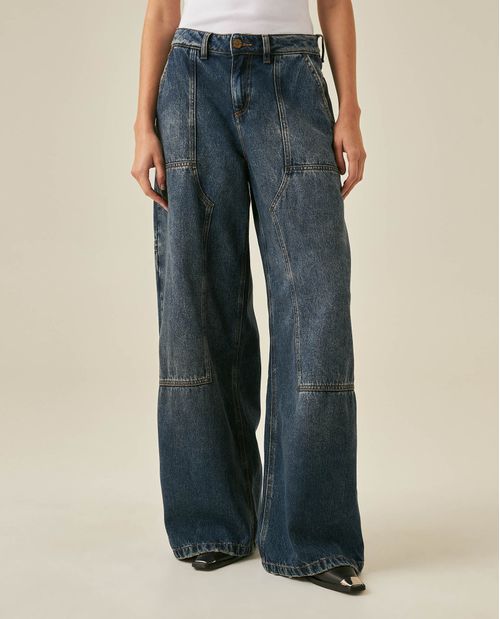 Jean Heritage de Mujer Wide Leg Tiro Medio Decoraciones Parche Carpintero Lavado Medio en Mezcla de Algodón y Lyocell