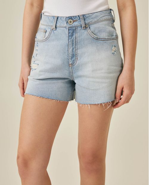 Short de Mujer Tiro Alto Mini Rotos y Efecto Destroyer Lavado Claro en Mezcla de Algodón