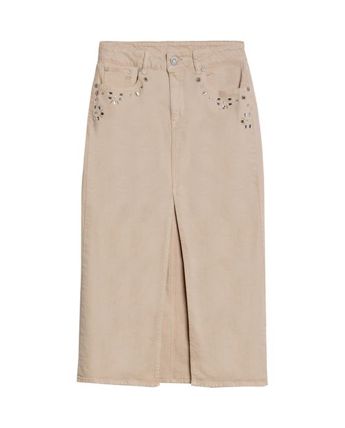 Falda de Mujer Midi Denim con Piedras Decorativas en Mezcla de Algodón