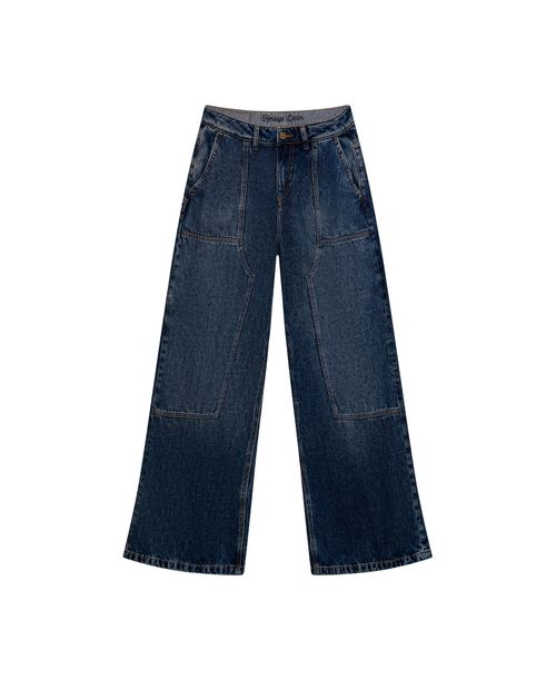 Jean Heritage de Mujer Wide Leg Tiro Medio Decoraciones Parche Carpintero Lavado Medio en Mezcla de Algodón y Lyocell