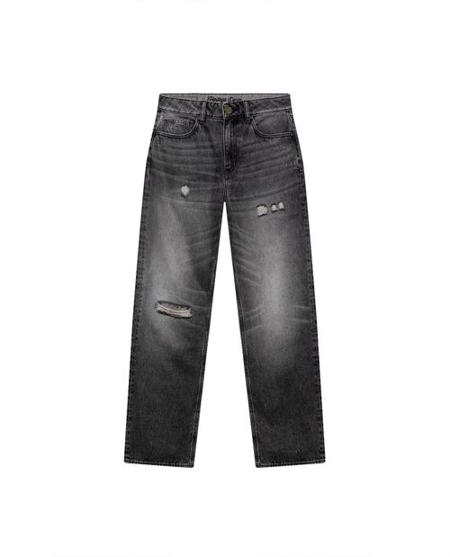 Jean Heritage de Mujer Straight Fit Tiro Super Alto con Rotos Lavado Gris en Mezcla de Lyocell y Algodón