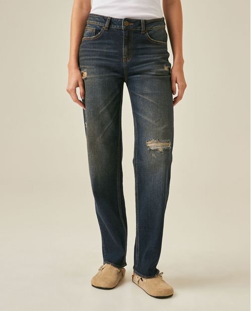 Jean Heritage de Mujer Straight Fit Tiro Medio con Rotos Lavado Oscuro en Mezcla de Algodón