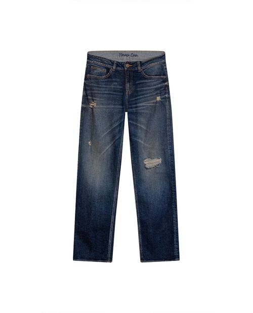 Jean Heritage de Mujer Straight Fit Tiro Medio con Rotos Lavado Oscuro en Mezcla de Algodón