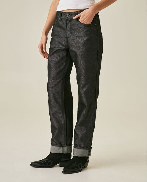 Jean de Mujer Straight Fit Tiro Alto con Brillo Lavado Negro en Mezcla de Algodón Madres