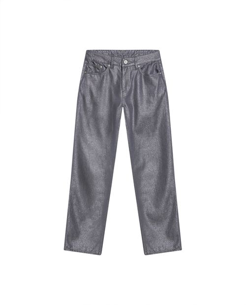 Jean de Mujer Straight Fit Bota Relaxed Tiro Alto con Brillo Lavado Gris en Algodón Madres