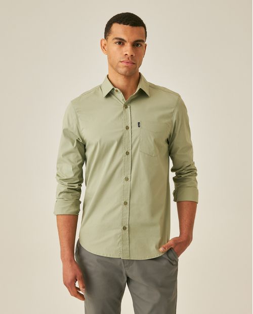 Camisa de Hombre Manga Larga Slim Fit Cuello Abierto en Popelina en Mezcla de Algodón