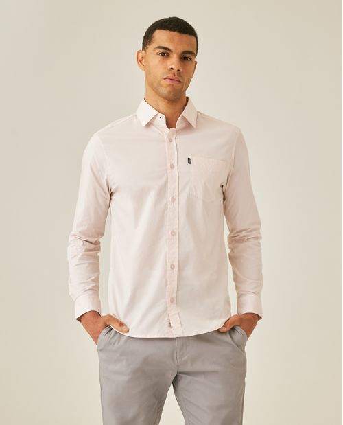 Camisa de Hombre Manga Larga Slim Fit Cuello Abierto en Popelina en Mezcla de Algodón