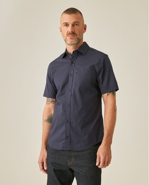 Camisa de Hombre Manga Corta Slim Fit Cuello Spread con Paletas en Popelina en Mezcla de Algodón