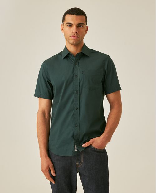 Camisa de Hombre Manga Corta Slim Fit Cuello Spread con Paletas en Popelina en Mezcla de Algodón