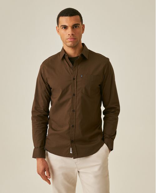 Camisa de Hombre Manga Larga Slim Fit Cuello Abierto en Popelina en Mezcla de Algodón