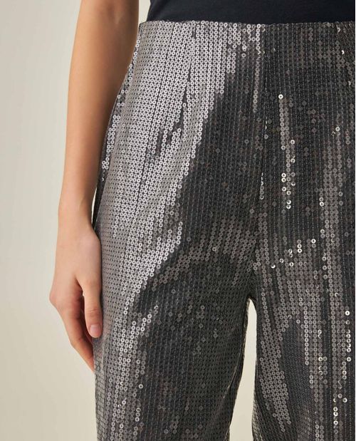 Pantalón de Mujer Mom Fit Tiro Medio con Lentejuelas Lavado Ultra Oscuro en Mezcla de Algodón Madres