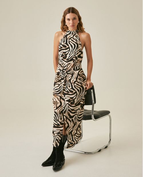 Vestido de Mujer Midi con Abertura Semi Ajustado Cuello Halter Animal Print en Mezcla de Viscosa