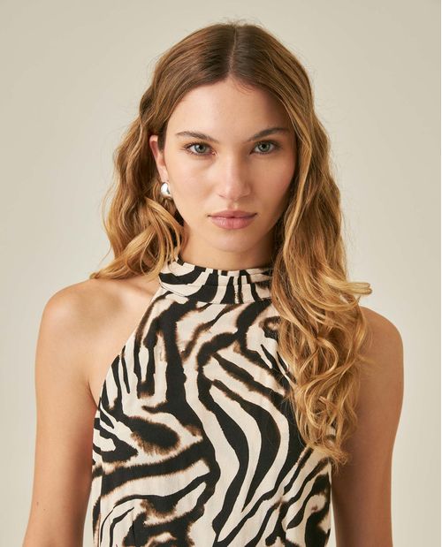 Vestido de Mujer Midi con Abertura Semi Ajustado Cuello Halter Animal Print en Mezcla de Viscosa