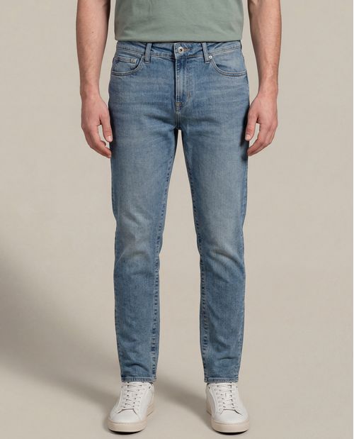 Jean de Hombre Skinny Fit Tiro Medio Lavado Claro Look Vintage en Mezcla de Algodón Famous