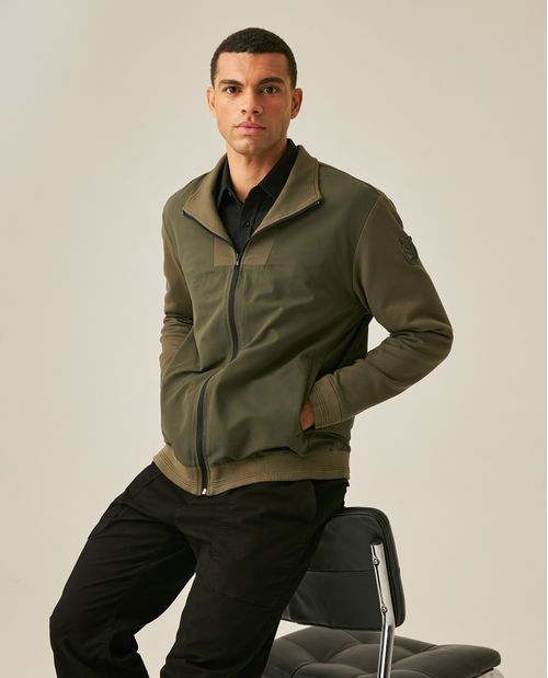 Chaqueta de Hombre Perilla Alta con Mezcla de Bases Aplique de Cuero en Mezcla de Rayon y Nylon