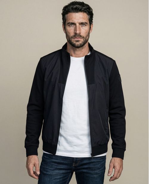 Chaqueta de Hombre Perilla Alta con Mezcla de Bases Aplique de Cuero en Mezcla de Rayon y Nylon